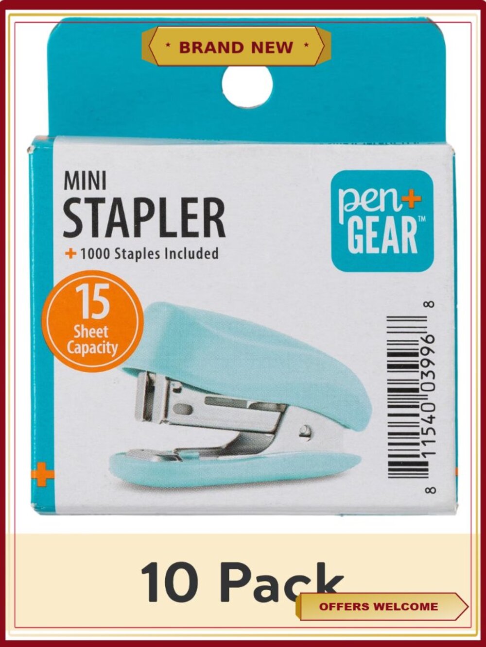 Mini Stapler 15-Sheet Capacity with 1000 Staples (10 Pack) Office Desk Accessory